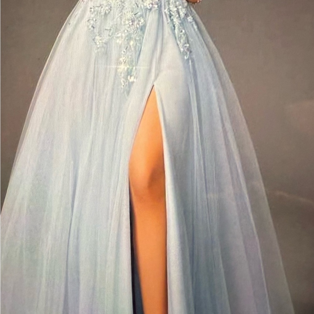 Glamorous light blue off the shoulder embroidered tulle formal dress - Picture 9 of 14